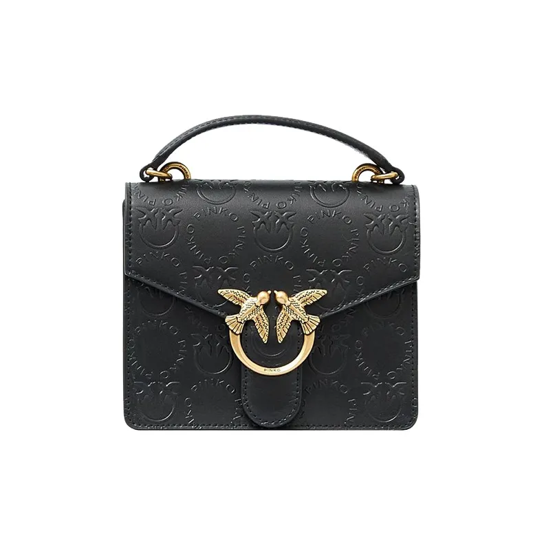 PINKO Корова Кожа Курьер Сумка Swallow Сумка Сумка Сумка через плечо Сумка через плечо Мини Женская Черная Черная Золото