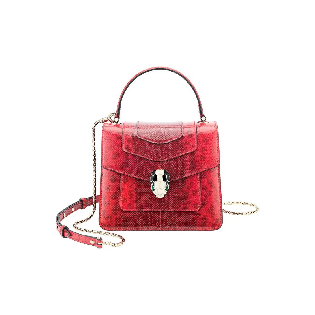 BVLGARI Serpenti Forever Snake Skin Shoulder Bag, Crossbody Bag, Handbag Small Size Women's Red
