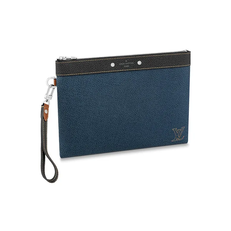 Porte-documents Louis Vuitton Porte documents Voyage en toile damier grise et cuir noir Taurillon Leather With Cow Leather Trim Clutch Men's Blue