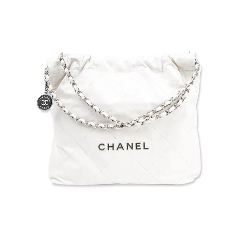 CHANEL 22Bag Calfskin With White Stitching & Silver Metal Tote Bag, Shopping Bag, Handbag, Shoulder Bag Women's White