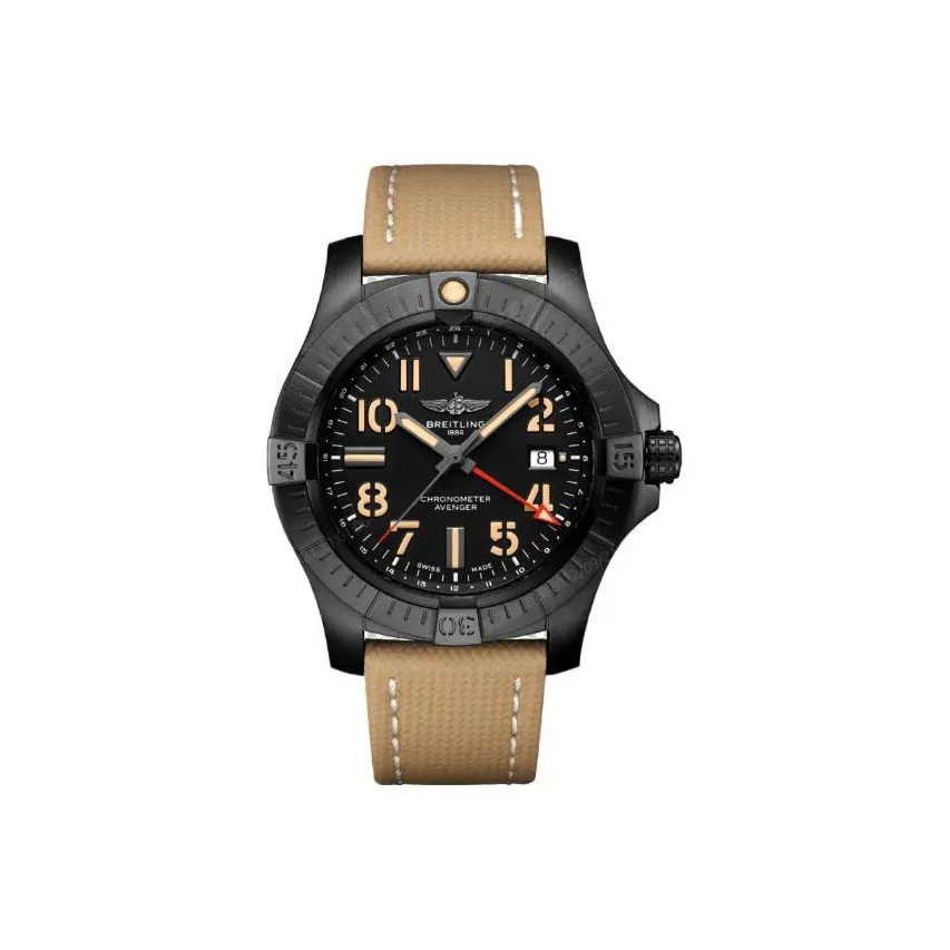 BREITLING Avenger Automatic Mechanical Movement Men's Watch 45mm Black Dial Titanium Watch Case Cow Leather Strap