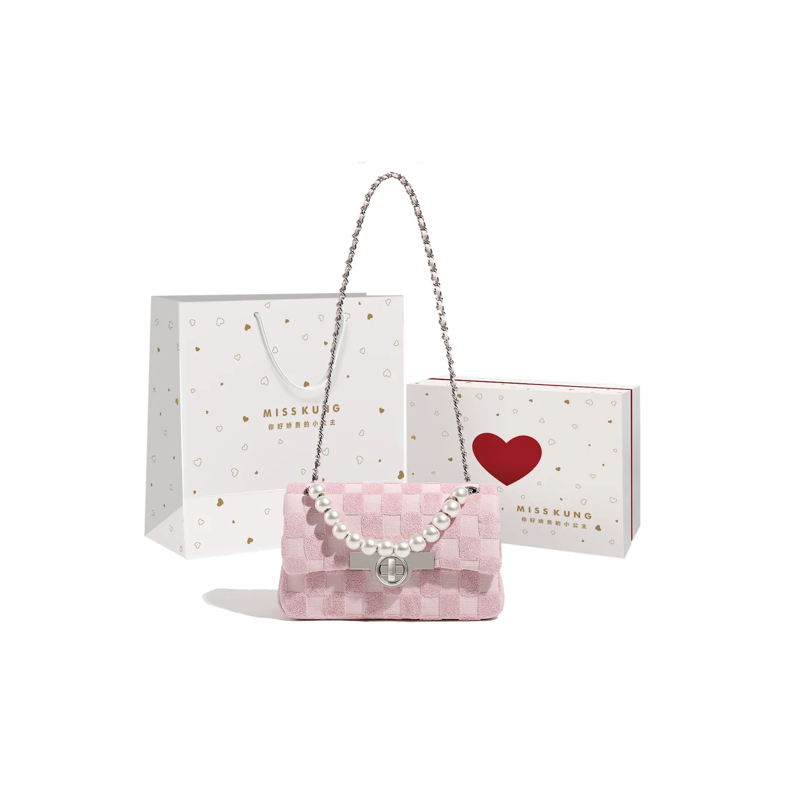 Miss Kung Cow Leather Small Square Bag Pearl Bag Chain Bag Crossbody Bag Regular Women's Pink