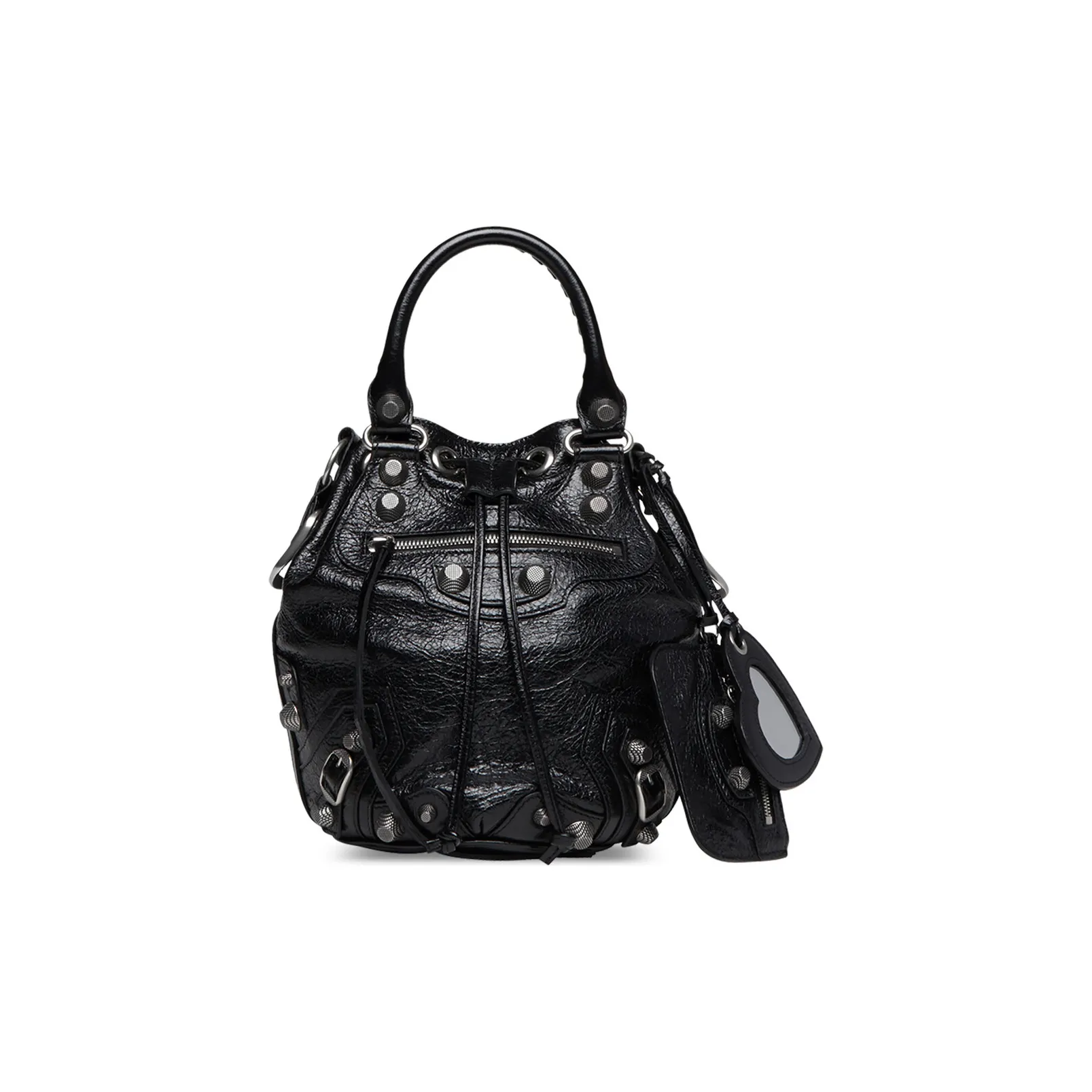 Balenciaga Le Cagole Fine Grained Sheepskin Bucket Bags One Shoulder Handbags Small Size Women's Black