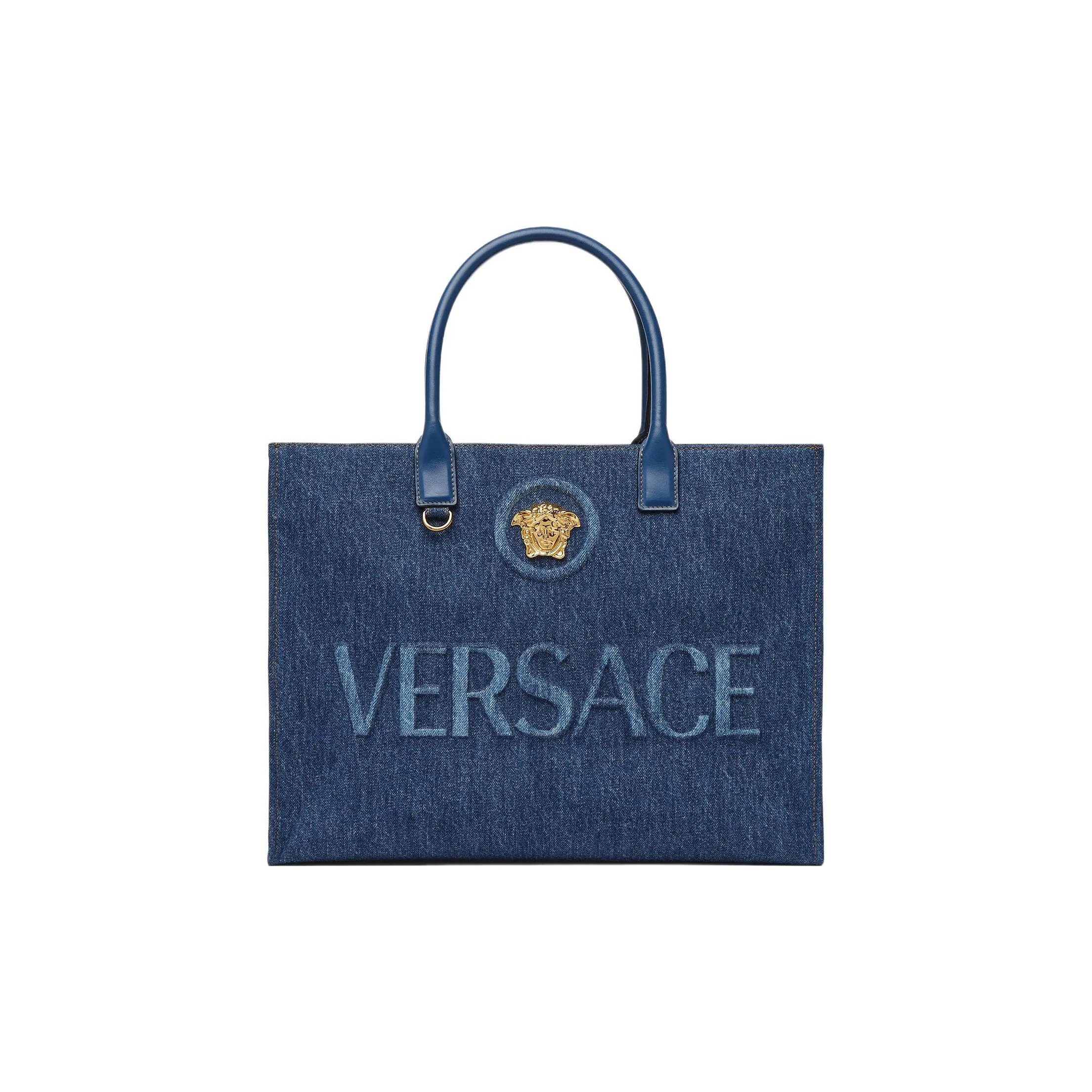 FANSIZHE La Medusa Denim Canvas With Leather Tote Bag, Shopping Bag, Handbag Regular Women's Blue