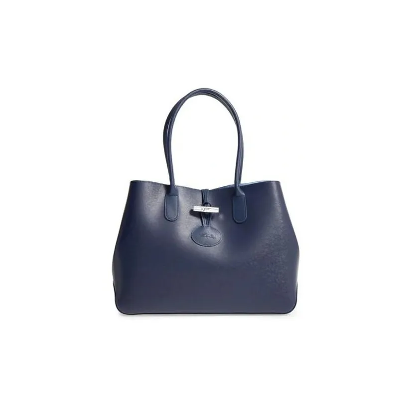 LONGCHAMP Roseau Leather Tote Bag, Shopping Bag, Handbag, Shoulder Bag Women's Marine Blue