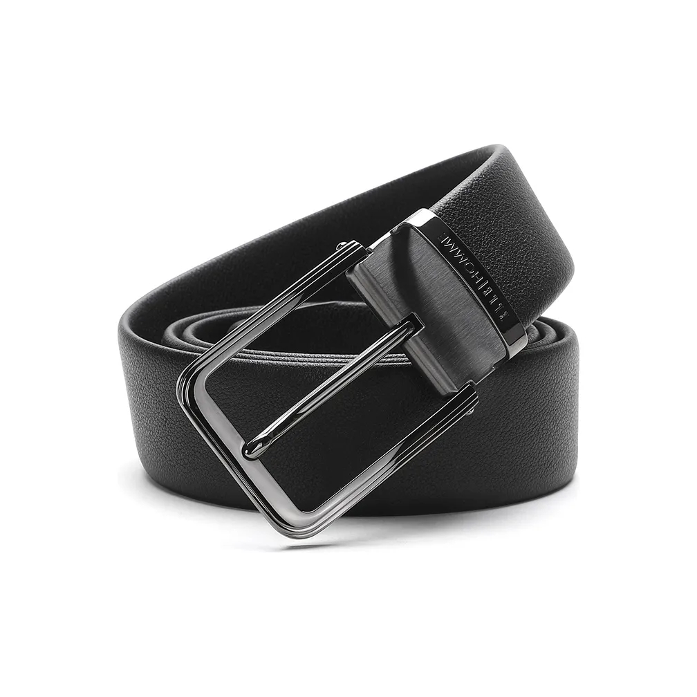 ELLE HOMME Casual Belt Pin Buckle Top Grain Cow Leather, Steel Buckle Belt Men's Black Width 3.7cm