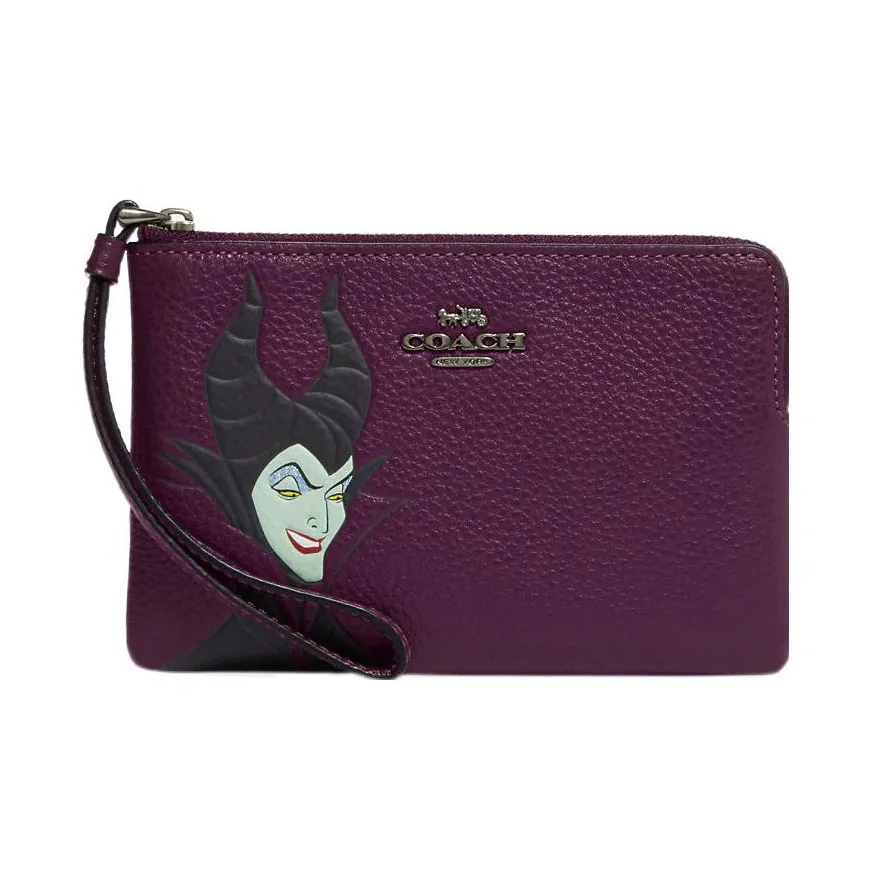 COACH Disney Коллаборация Corner Zip Галечная кожа Мелочь Кошелек Обхват запястья Сумка Клатч Маленький Женские Фиолетовый