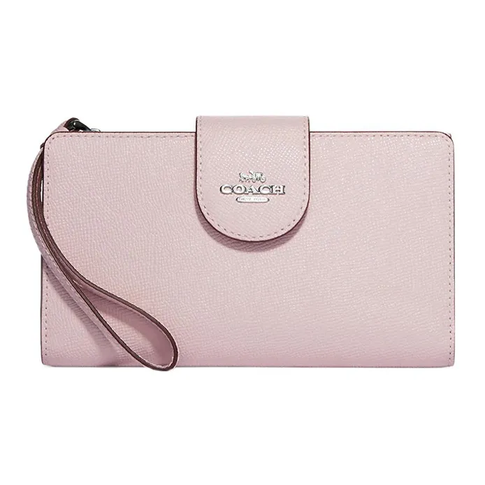 COACH Tech Wallet Крестообразная текстура Кожа Сумка для документов Держатель для карт кошелек Маленький Женские Ледяной розовый