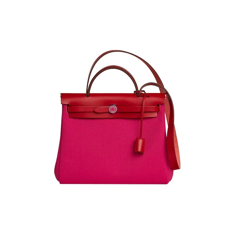 HERMES Herbag Zip Cowhide Patchwork Canvas Shoulder Bag Crossbody Bag Handbag Regular Women's Mexico Pink/Chili Red