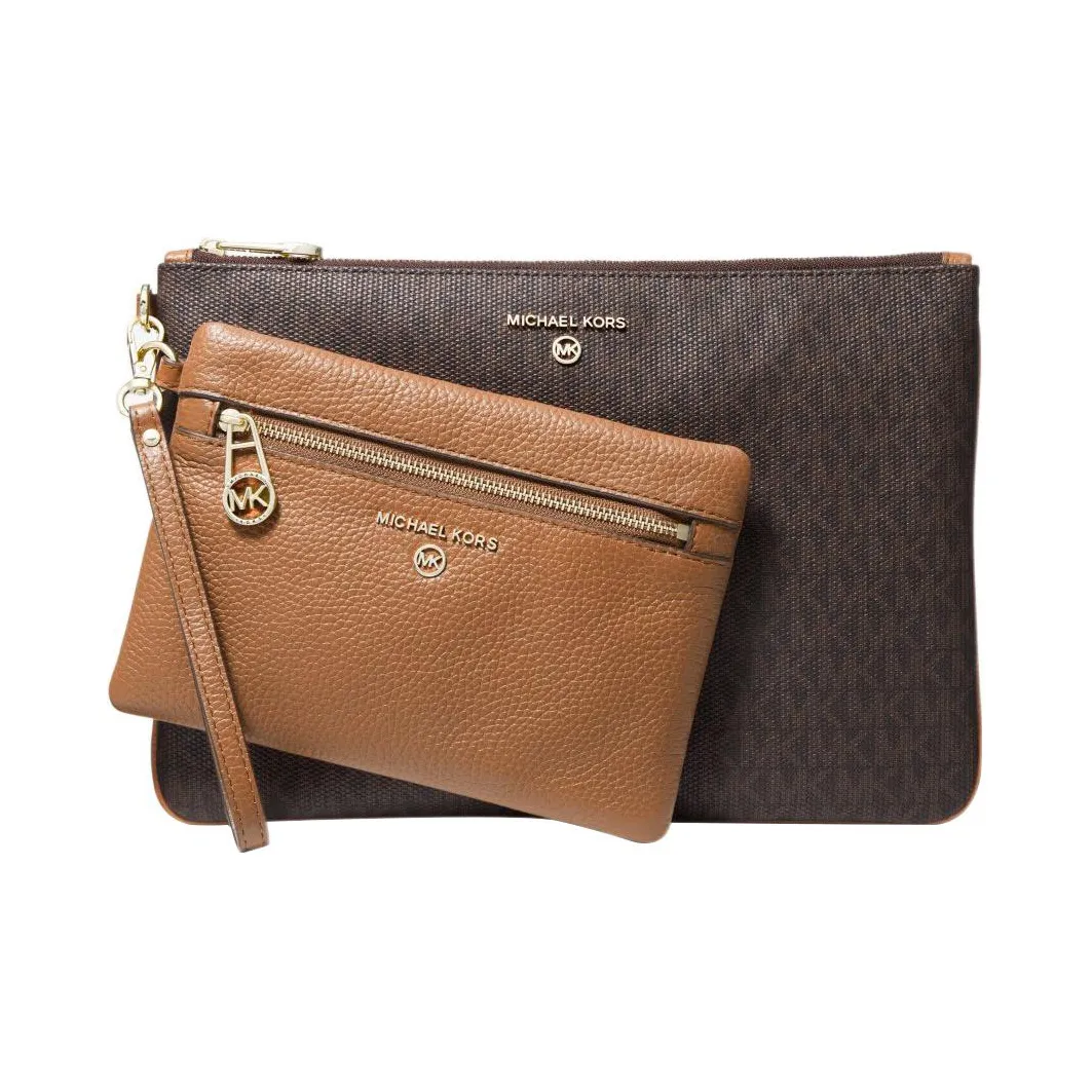 MICHAEL KORS Slater Cotton With Coated Canvas And Leather Trim Combo Bag Clutch Tubas Women's Dark Brown