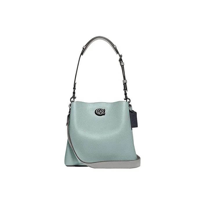 COACH Pebbled Leather Bucket Bag, Handbag, Shoulder Bag, Crossbody Bag Medium Size Women's Aqua Blue