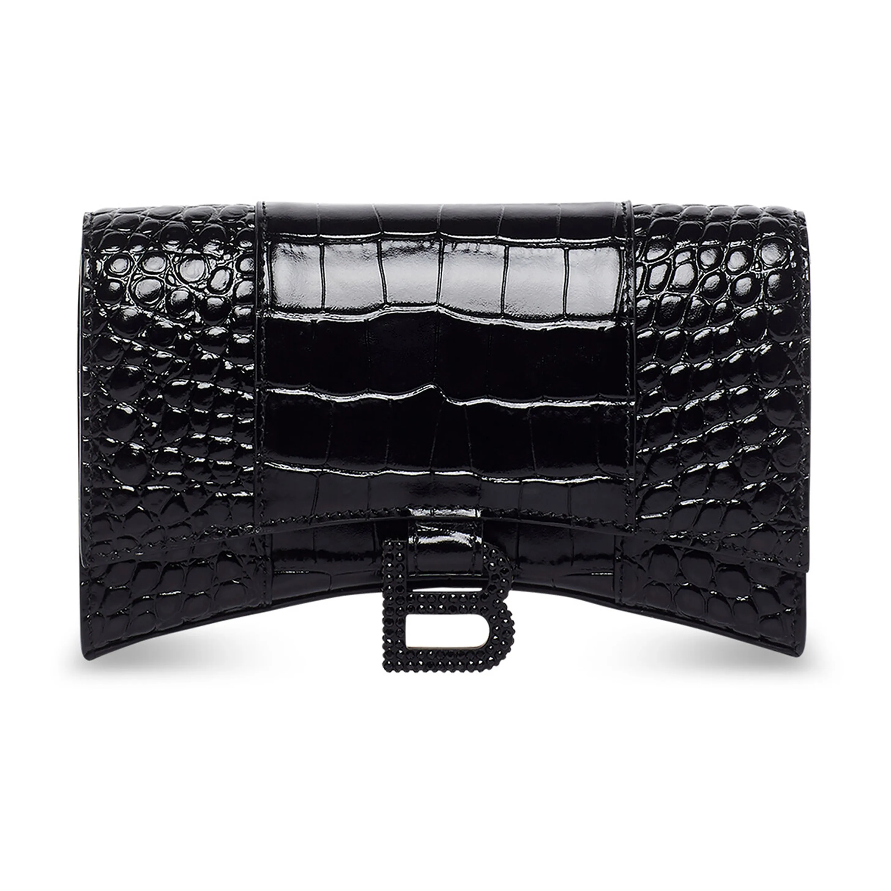 Balenciaga Hourglass Crocodile Pattern Embossed Cow Leather One Shoulder Crossbody Chain Wallet Women's Black
