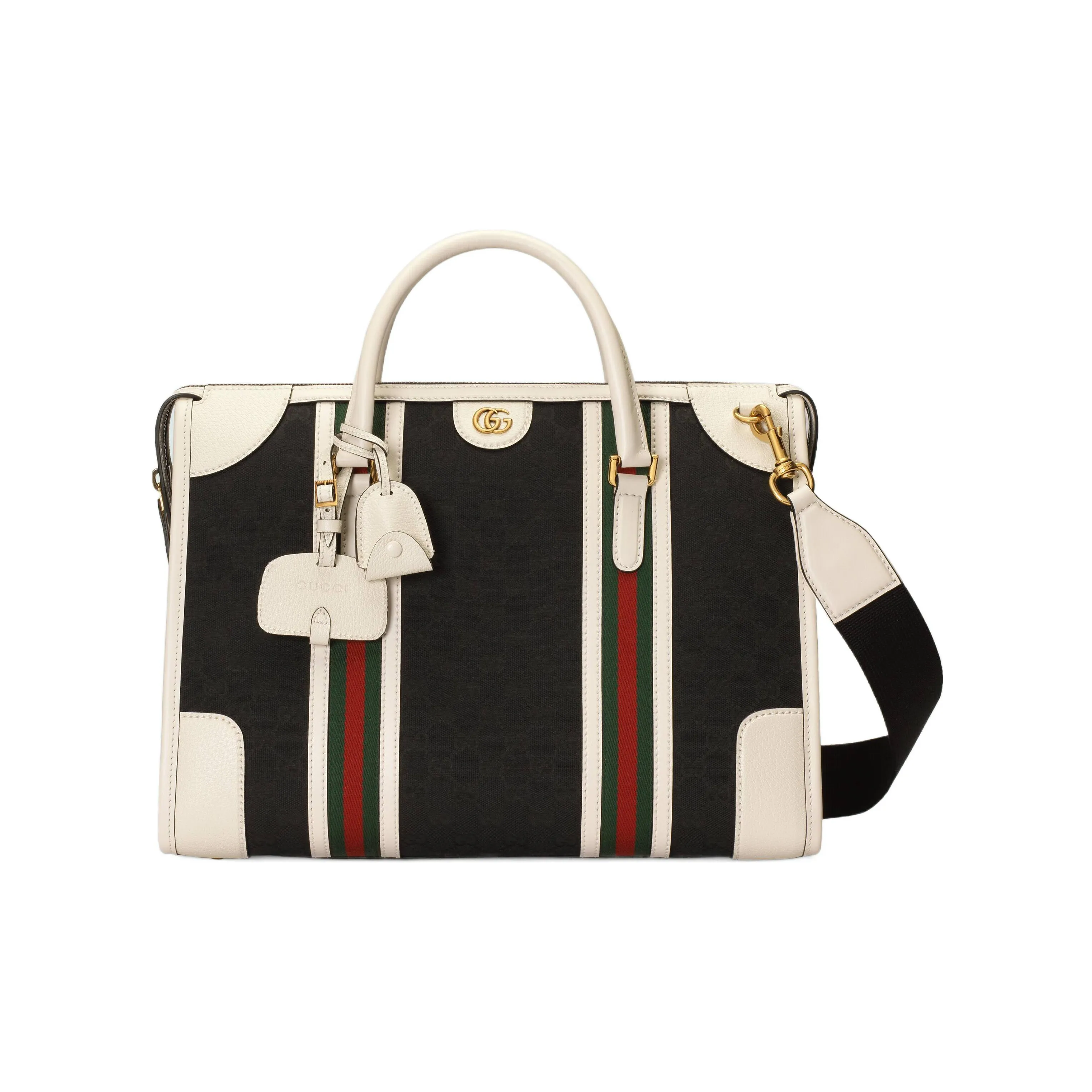 GUCCI Canvas With Leather Trim Canvas Bag Shoulder Bag Crossbody Bag Handbag Large Size Women's Black/White