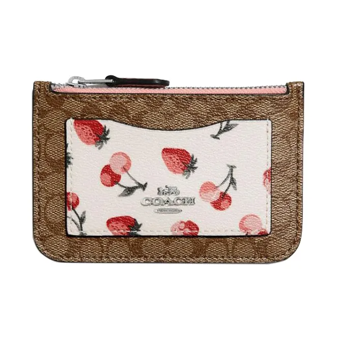 COACH Zip Top Card Case Холст с кожей Картхолдер Монетница Мини Женский Хаки и Белый