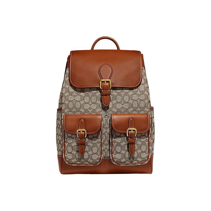COACH Frankie Fabric Cow Leather Patchwork Drawstring Bag Backpack Large Size Men's Gray & Brown