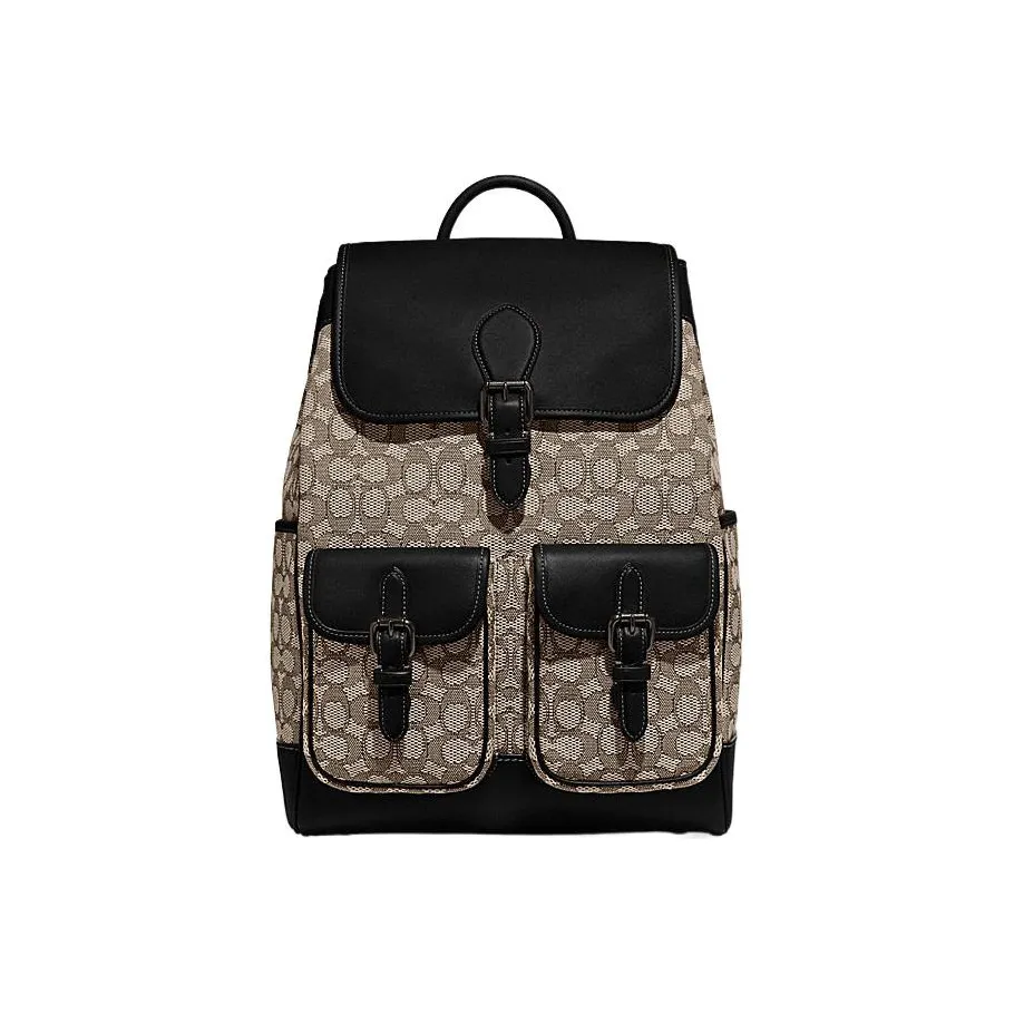 COACH Frankie Fabric Cow Leather Patchwork Drawstring Bag Backpack Large Size Men's Gray & Black