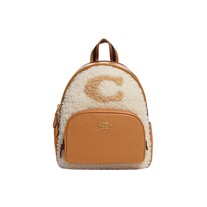COACH Court Fabric Cow Leather Patchwork Backpack Mini Women's White & Brown