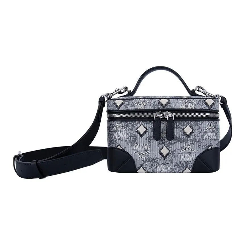 MCM Жаккард Тканый материал с кожей наппа Макияж Чехол и Косметичка Маленький Женский Серый