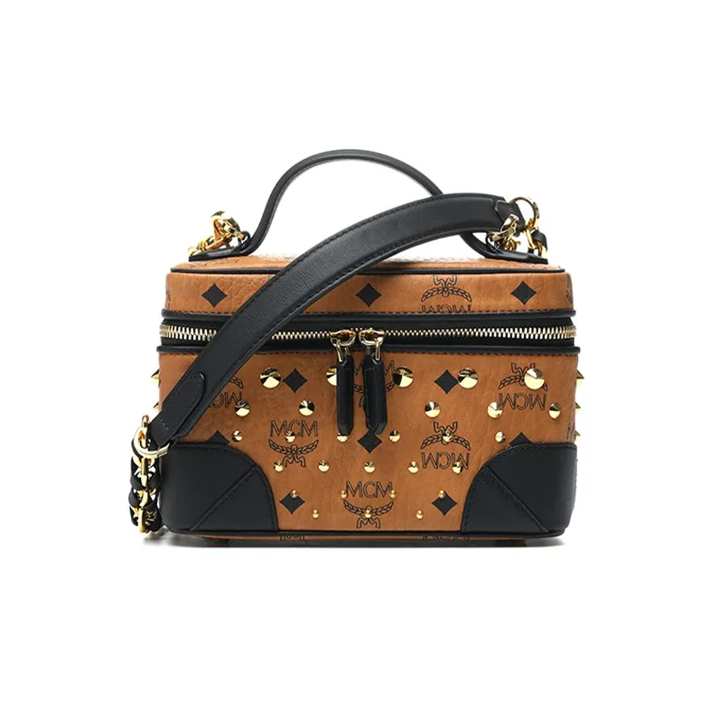 MCM Nappa Leather Portable One Shoulder Crossbody Makeup Bag Trumpets Women's Black Cognac Patchwork