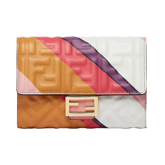 FENDI Calfskin Card Holder Wallet Women's Brown/Pink/White/Multicolor