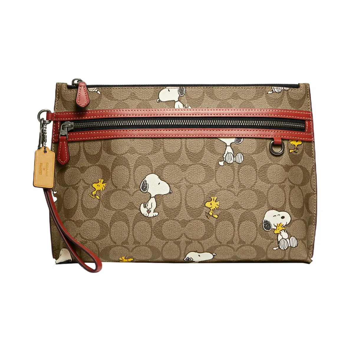 COACH PEANUTS Collaboration Сумочка для украшений Покрытый холст с утонченной телячьей кожей Обхват запястья Сумка Клатч Большой Женские Хаки
