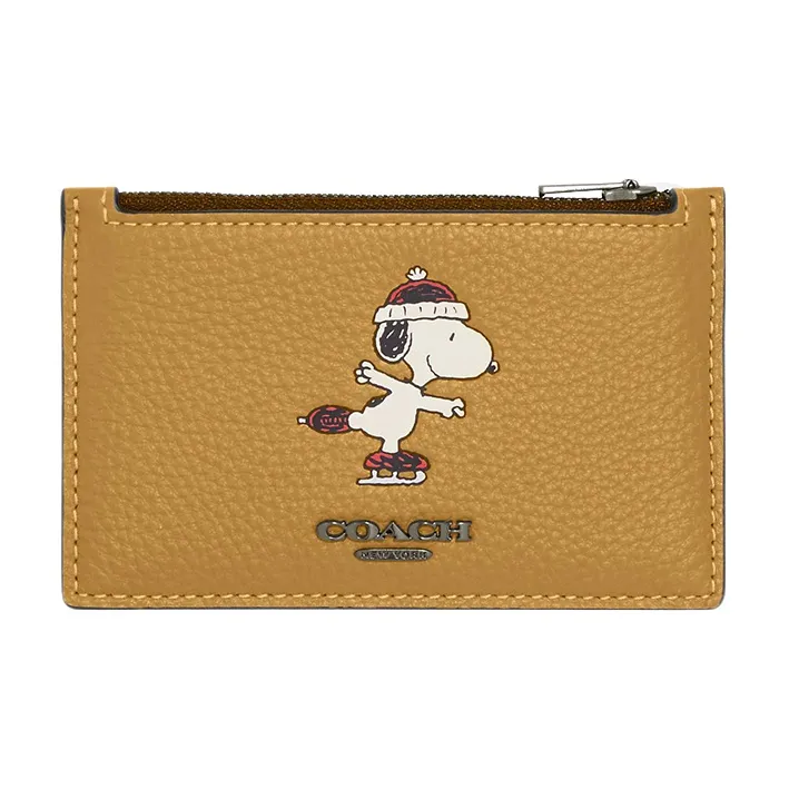 COACH Peanuts Snoopy Collaboration Card Case Refined Pebble Cow Leather Coin Purse, Card Holder Mini Women's Linen