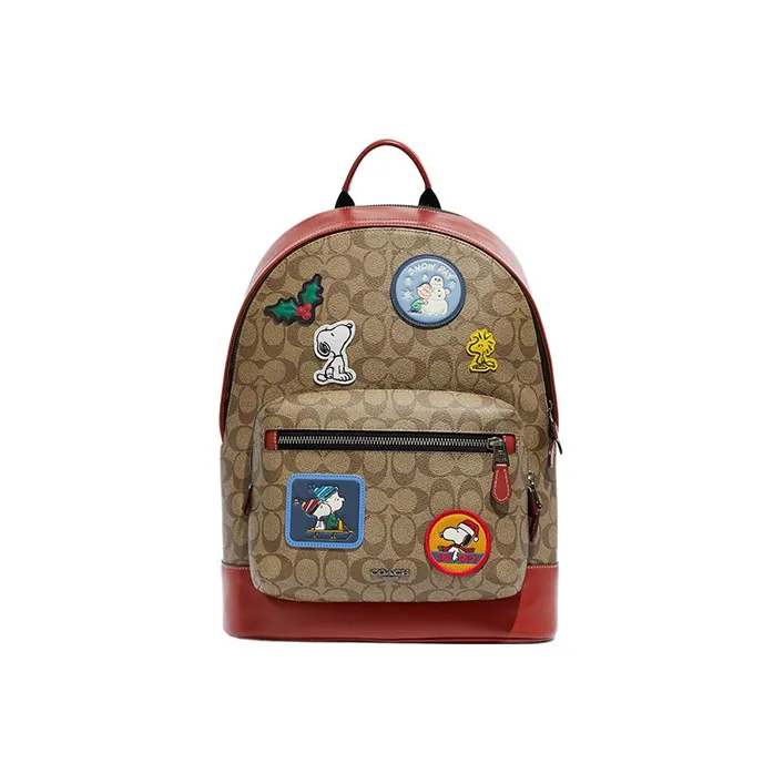 COACH PEANUTS Collaboration West Coated Canvas With Calfskin Backpack Tubas Women's Khaki