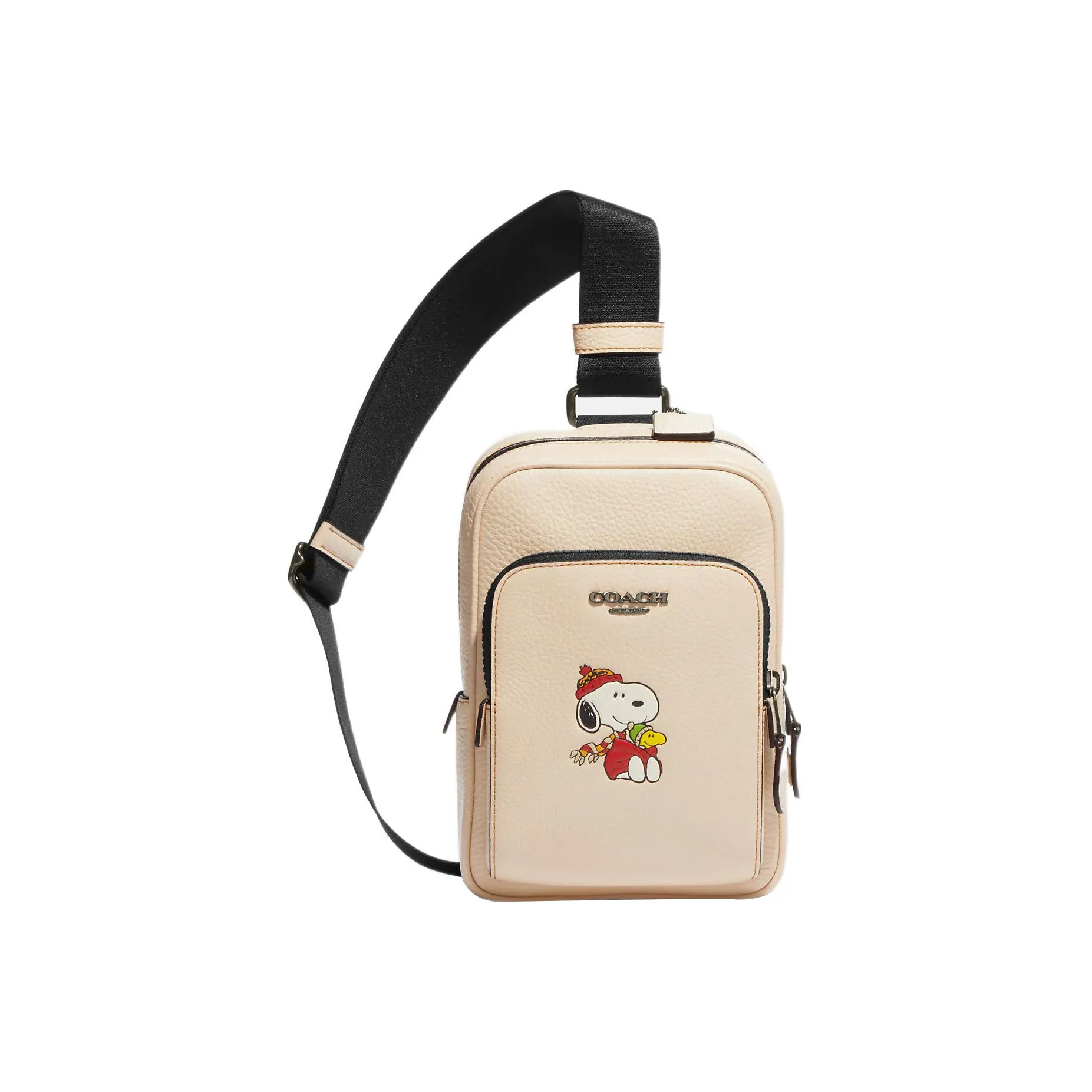 COACH Peanuts Snoopy Collaboration Track Pebbled Leather Shoulder Bag, Crossbody Bag, Sling Bag Mini Men's Ivory White