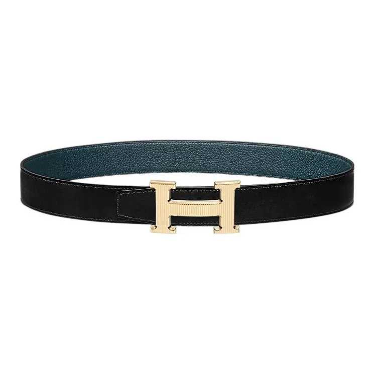 HERMES Double Sided Comfortable Gold Buckle Togo Calfskin Double Sided Leather Waist Belt Men's Black Width 3.2cm