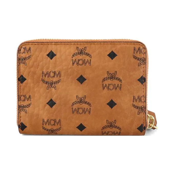 MCM Essential Visetos Origina Leather Paneled Canvas Wallet Unisex Cognac