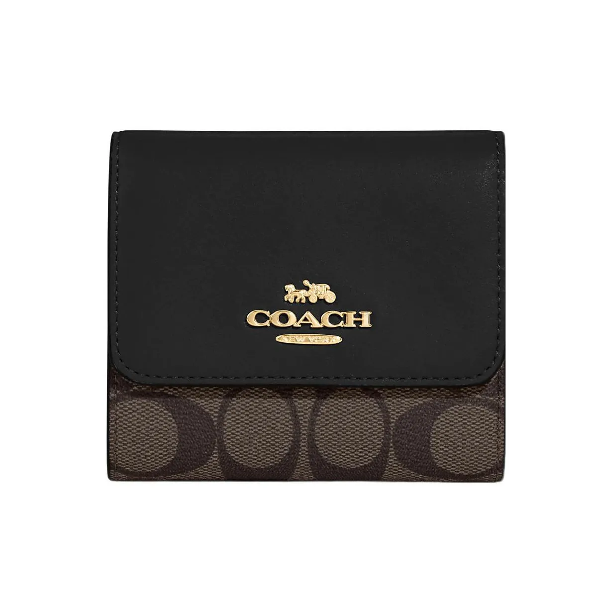 COACH Trifold Wallet Canvas With Leather Card Holder, Wallet Small Size Women's Brown & Black