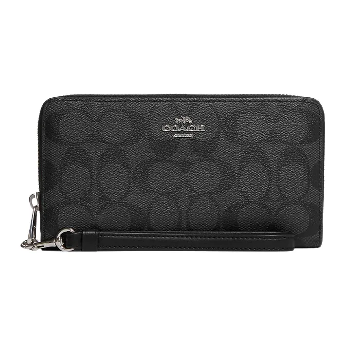 COACH Zip Around Coated Canvas With Leather Card Holder, Wallet Regular Women's Black