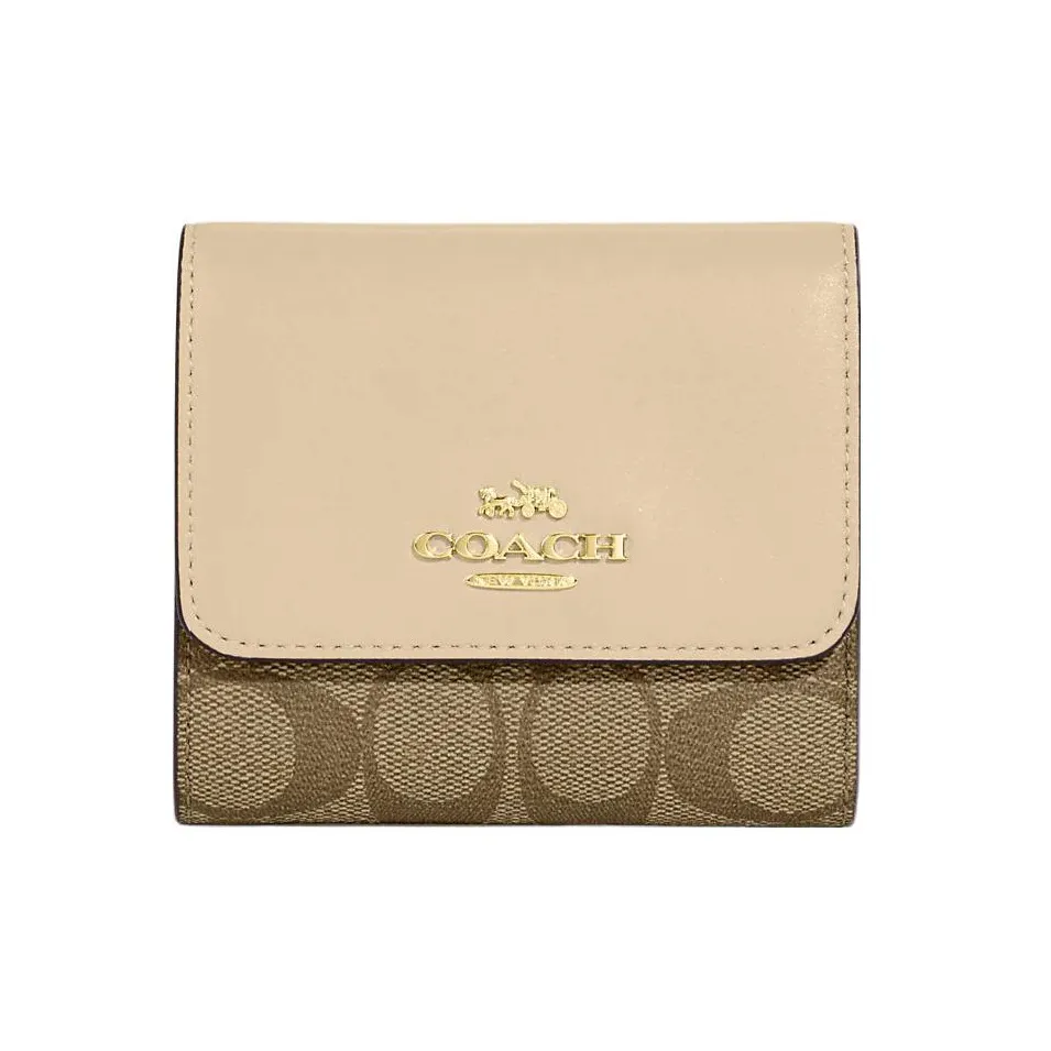 COACH Trifold Wallet Canvas With Leather Card Holder, Wallet Trumpets Women's Khaki & Chalk White