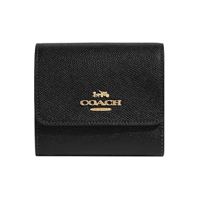 COACH Trifold Wallet Cross Grain Leather Card Holder, Wallet Women's Black