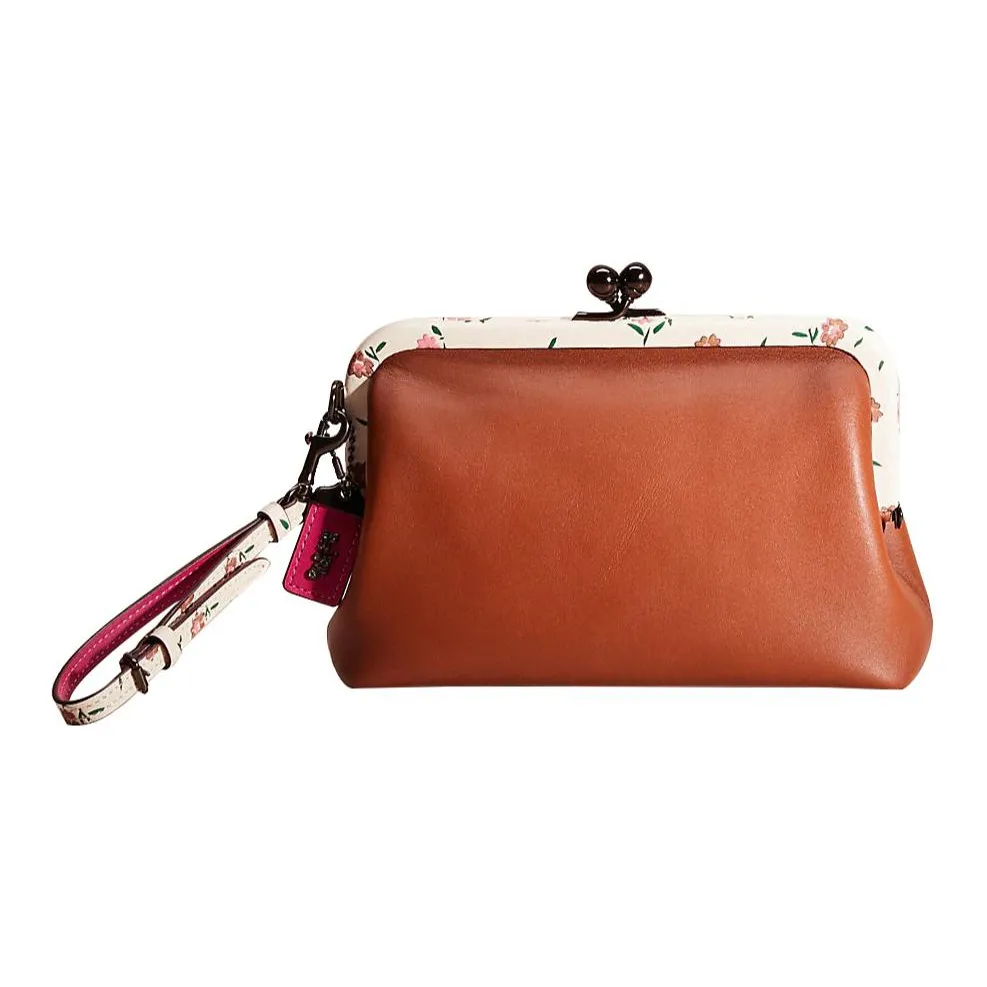 COACH Kisslock Glove Tanned Leather Wrist Bag Clutch Trumpets Women's Saddle