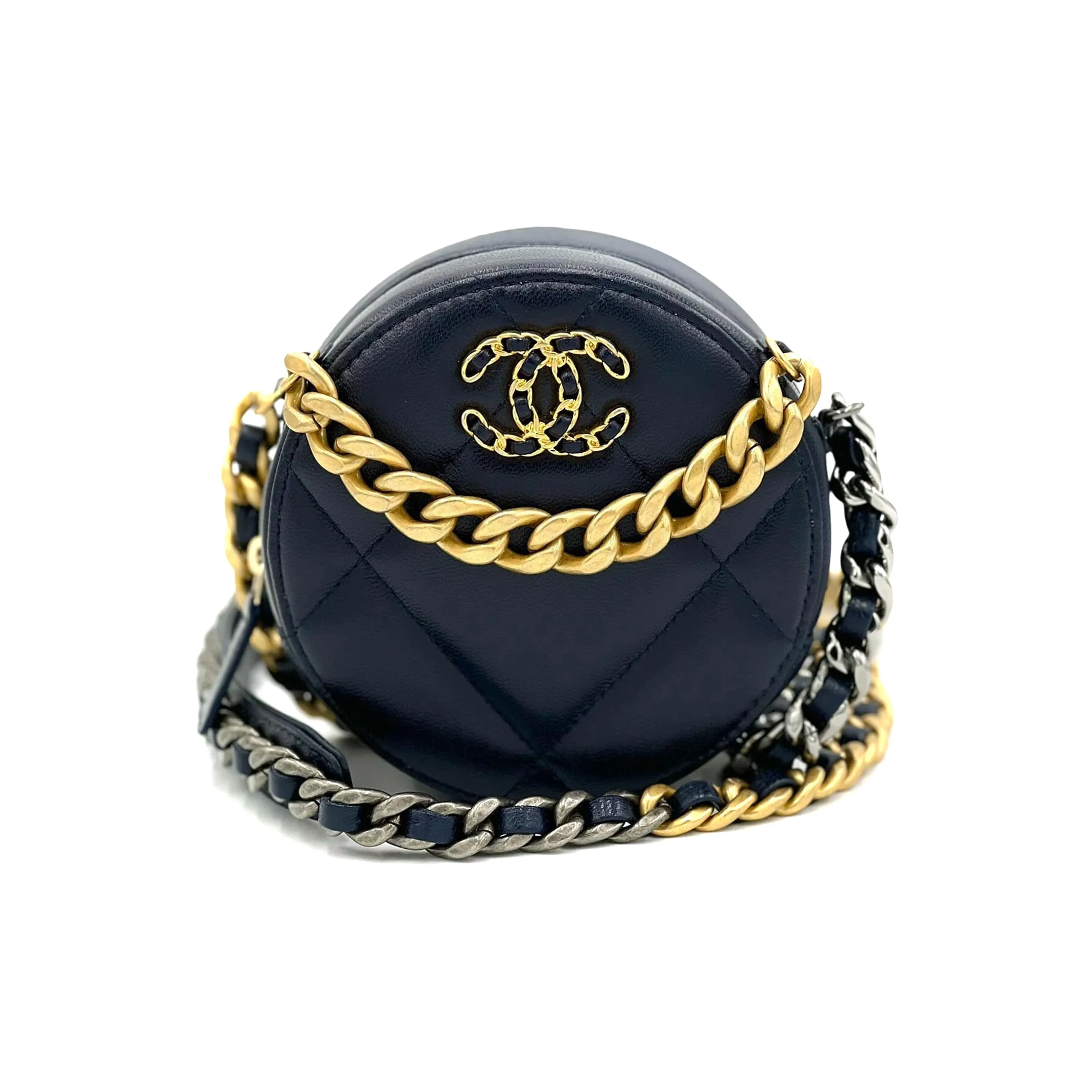 CHANEL 19Bag Sheepskin Evening Bag, Round Bag, Handheld Bag, Shoulder Bag, Crossbody Bag Women's Dark Blue