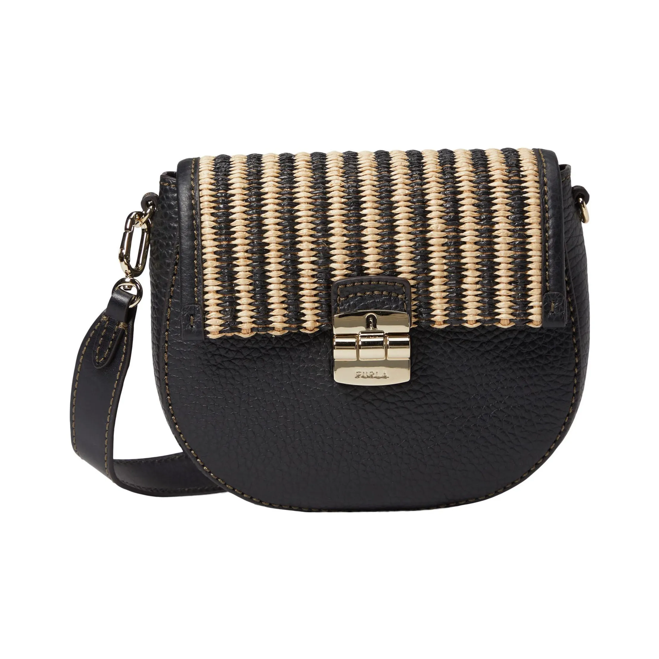 Furla Club 2 Raffia And Коровья кожа крупнозернистая Сумка через плечо Сумка на плечо Женская Черная