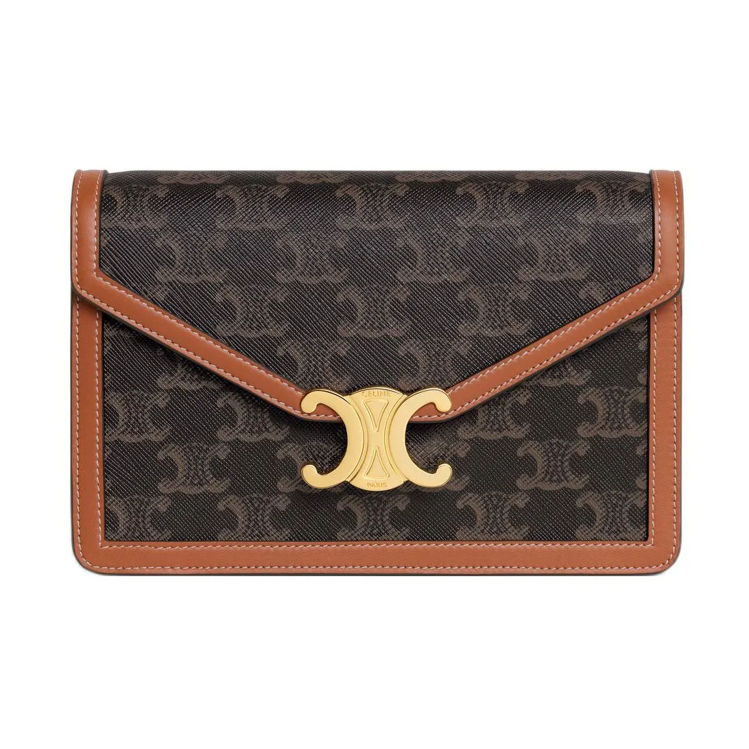 CELINE Triomphe Fabric With Calfskin Trim Shoulder Bag, Crossbody Bag, Wallet Mini Women's Tan