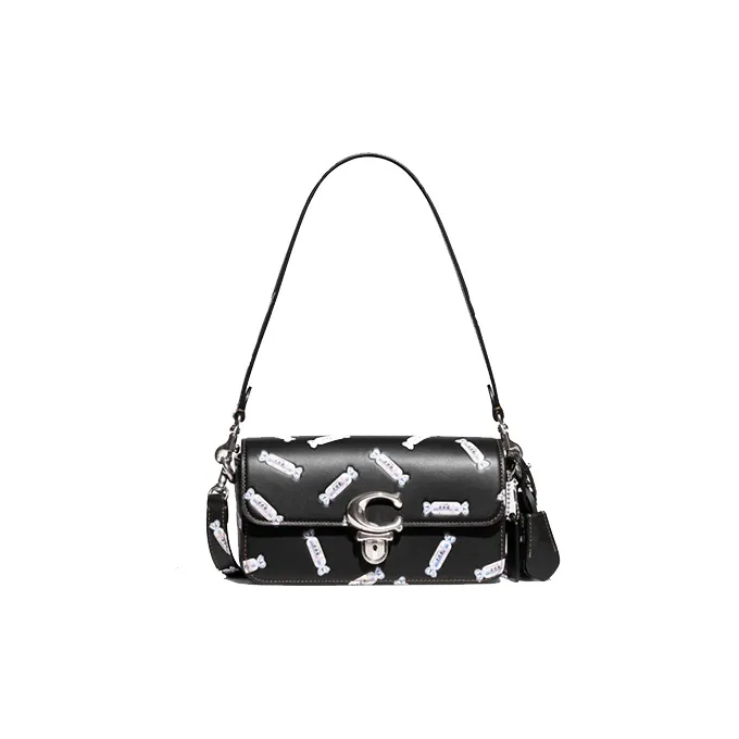 COACH Baymax Rabbit, Collaboration Studio Cow Leather, Fabric Underarm Shoulder Bag, Crossbody Bag Women's Black