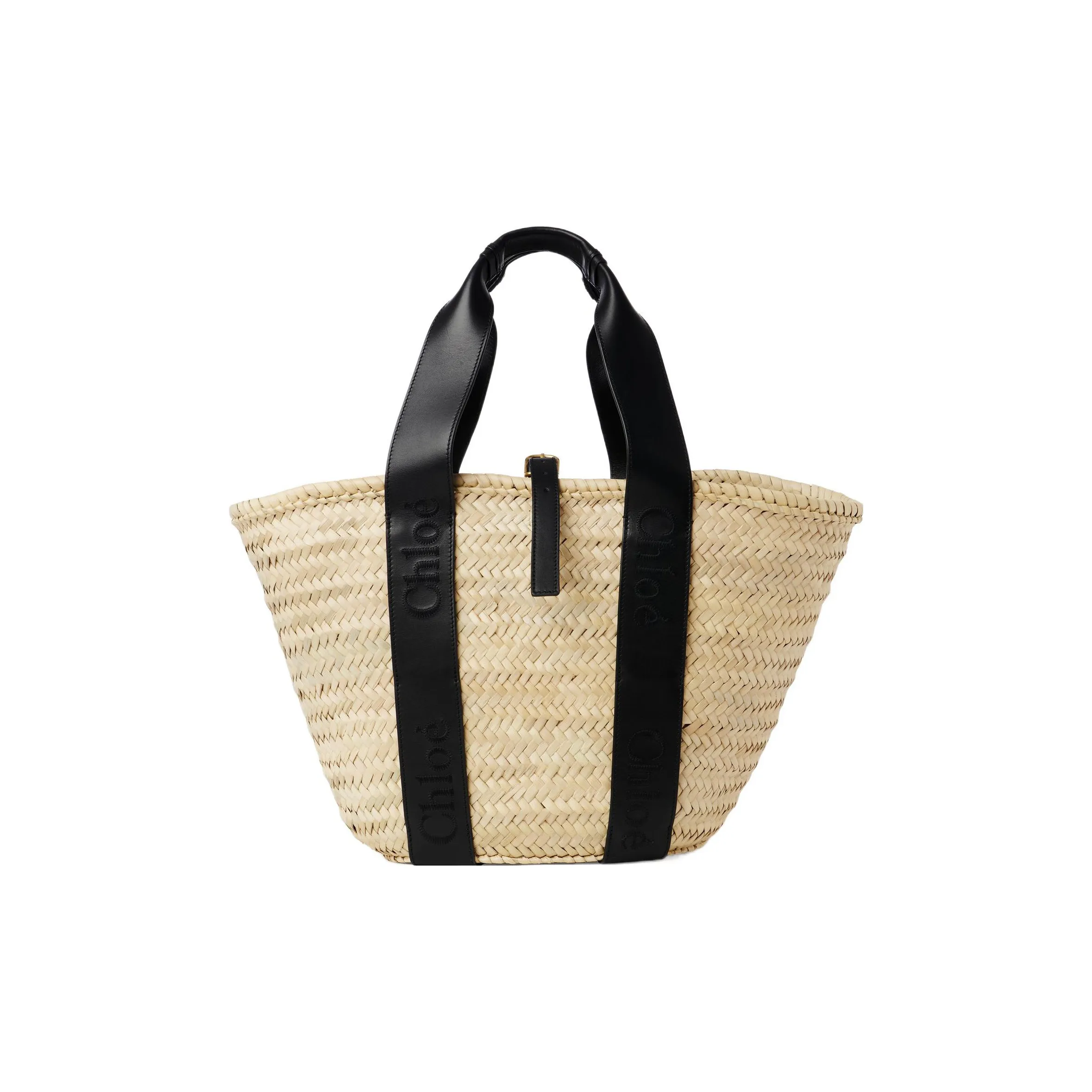 Chloe Raffia With Calfskin Basket Bag, One Shoulder Handbag Medium Size Women's Black