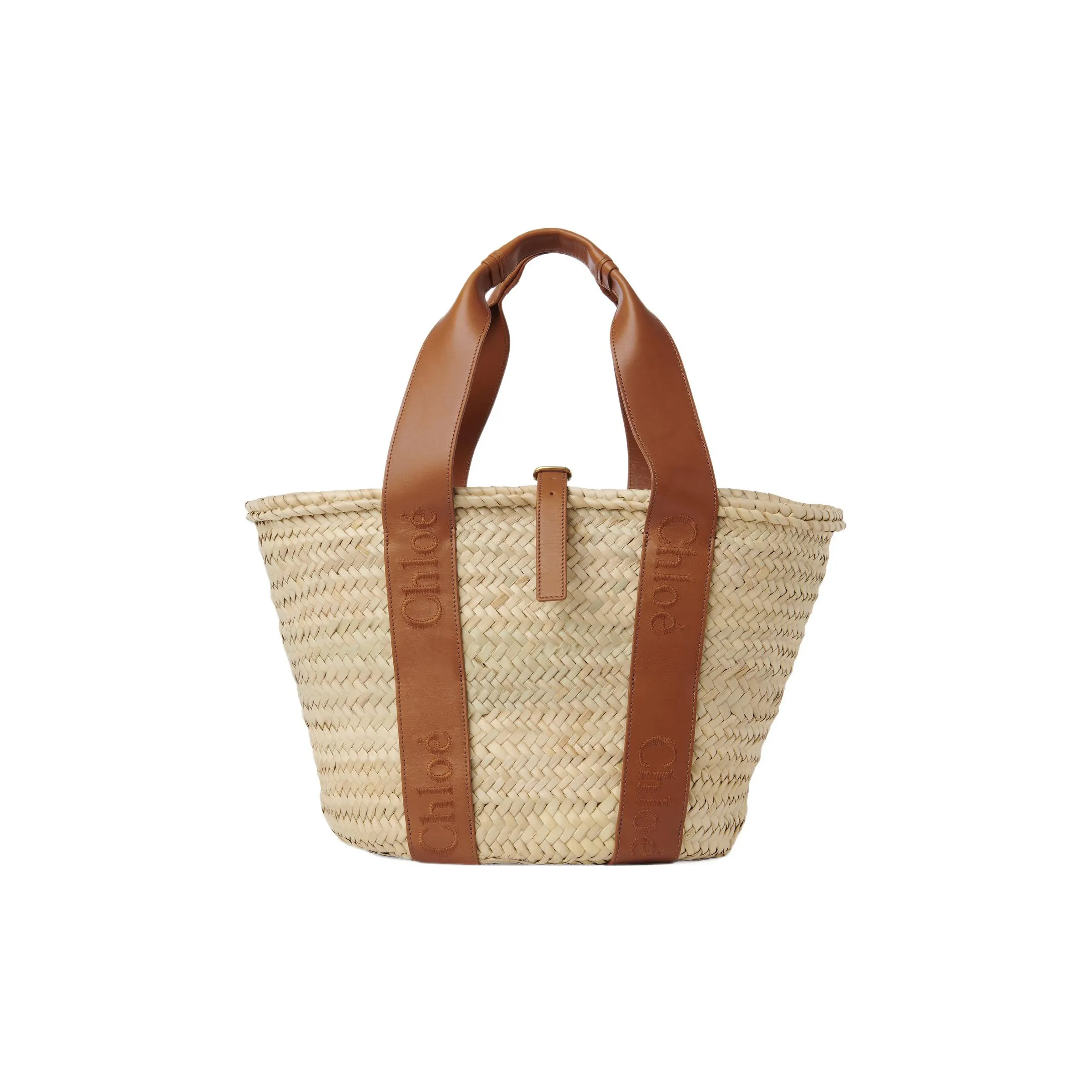 Chloe Raffia With Calfskin Basket Bag, One Shoulder Handbag Medium Size Women's Caramel