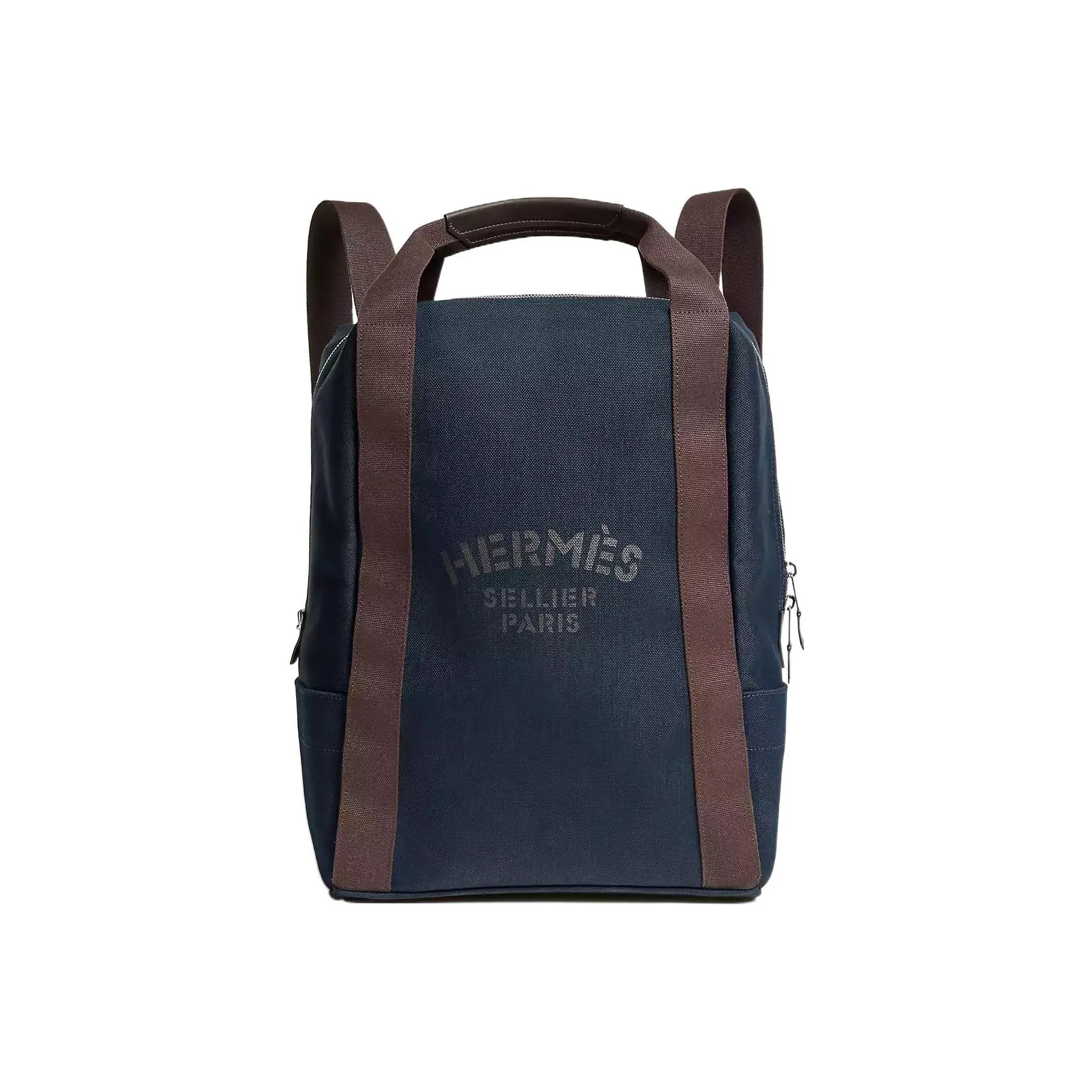 HERMES Groom Cotton Blend With Barenia Calfskin Backpack Unisex Marine Blue/Flame Orange