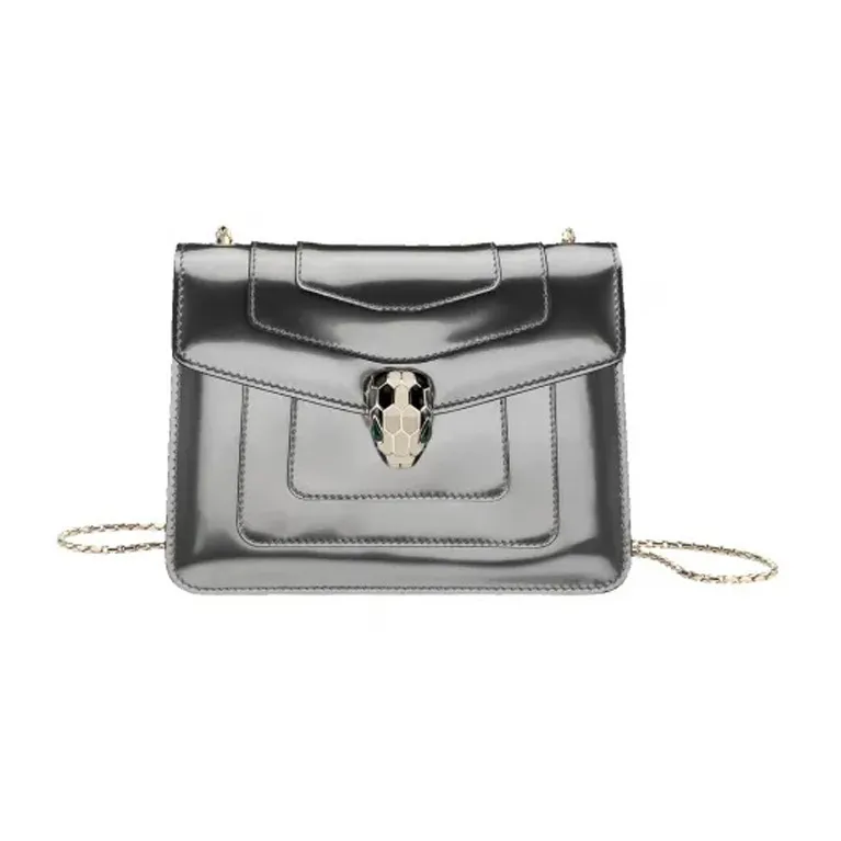 BVLGARI Cow Leather Snake Head Bag, Crossbody Bag, Shoulder Bag Women's Mirror Finish Silver