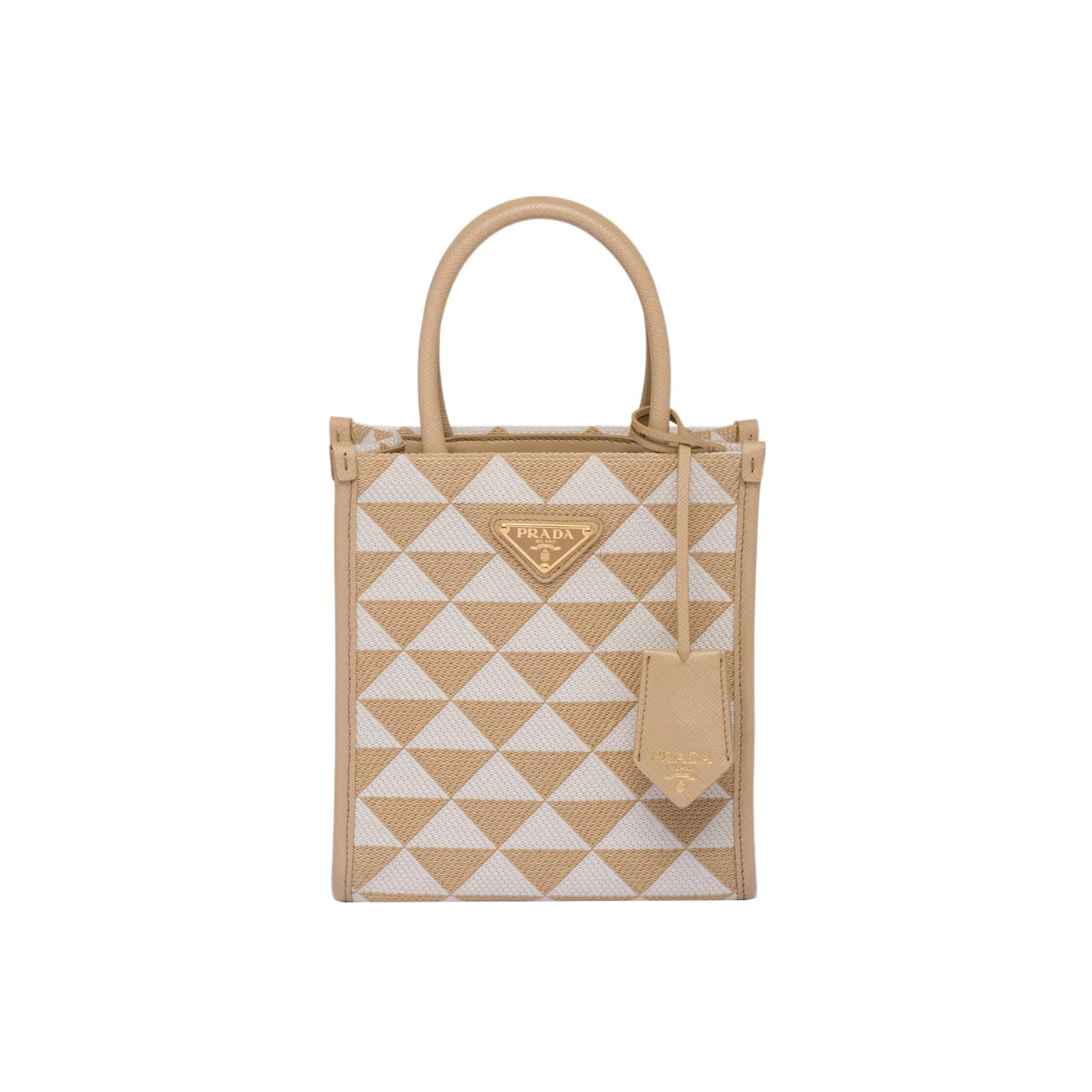 PRADA Symbole Fabric With Leather Tote Bag Shopping Bag Shoulder Bag Crossbody Bag Handbag Mini Women's White/Beige