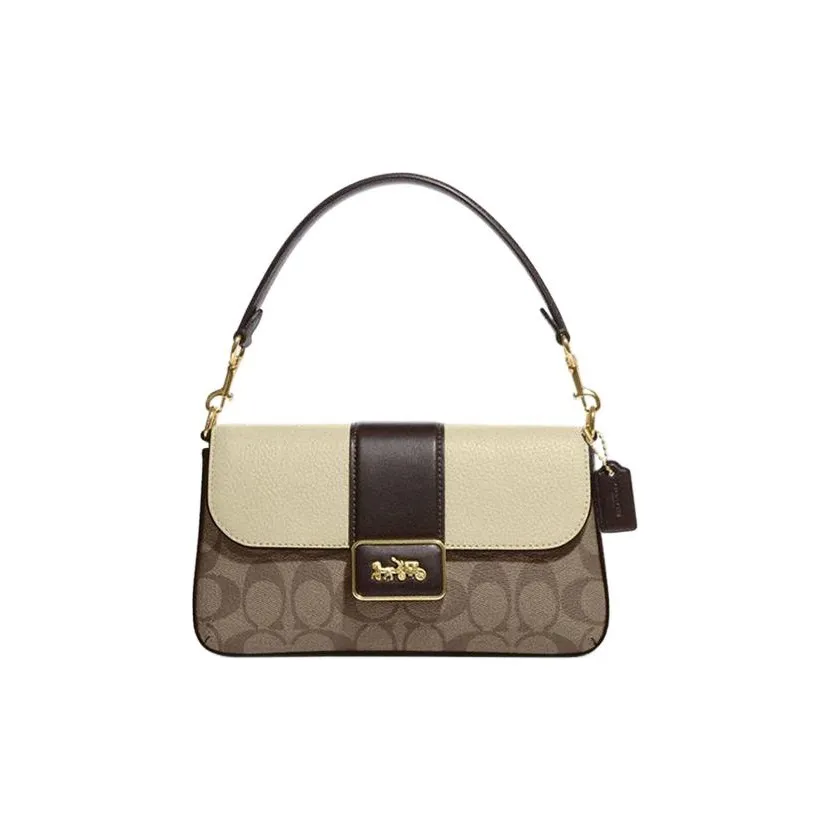 COACH Grace Canvas With Leather Shoulder Bag, Portable Crossbody Bag Mini Women's Khaki Brown & White