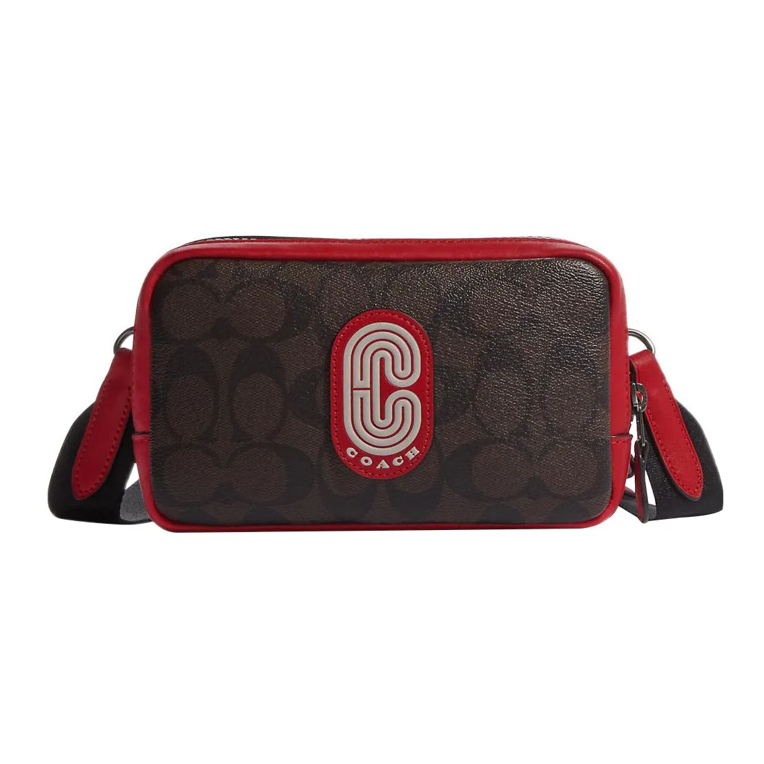 COACH Carrier Canvas With Calfskin Cell Phone Pouch, Shoulder Bag, Crossbody Bag Small Size Women's Brown & Red