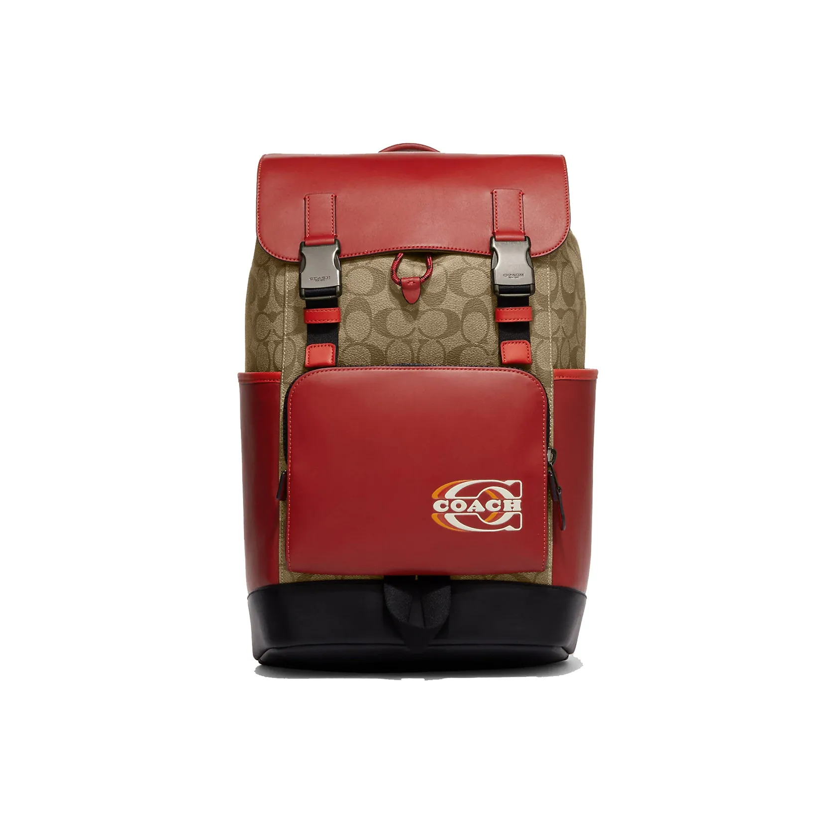 COACH Track Leather Backpack Tubas Women's Khaki & Red