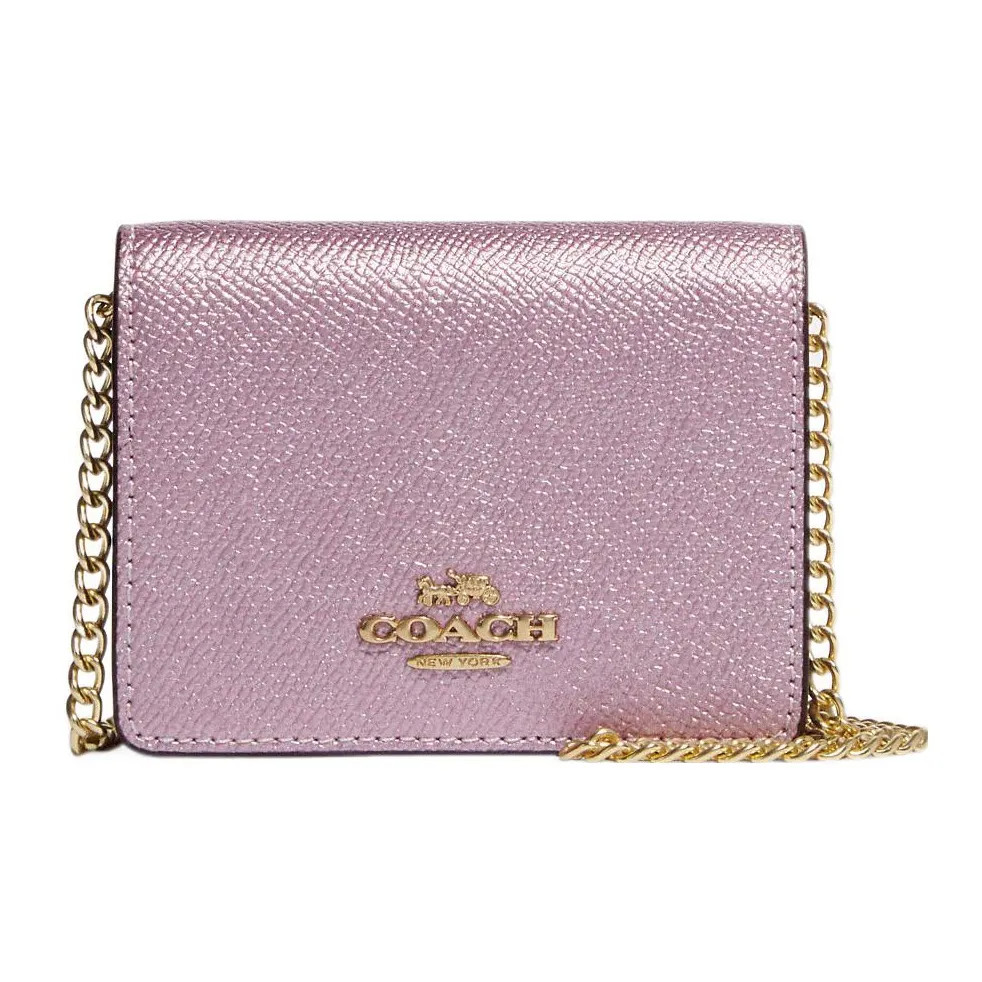 COACH Cross Grain Leather Shoulder Bag, Crossbody Bag, Chain Wallet Mini Women's Metal Purple