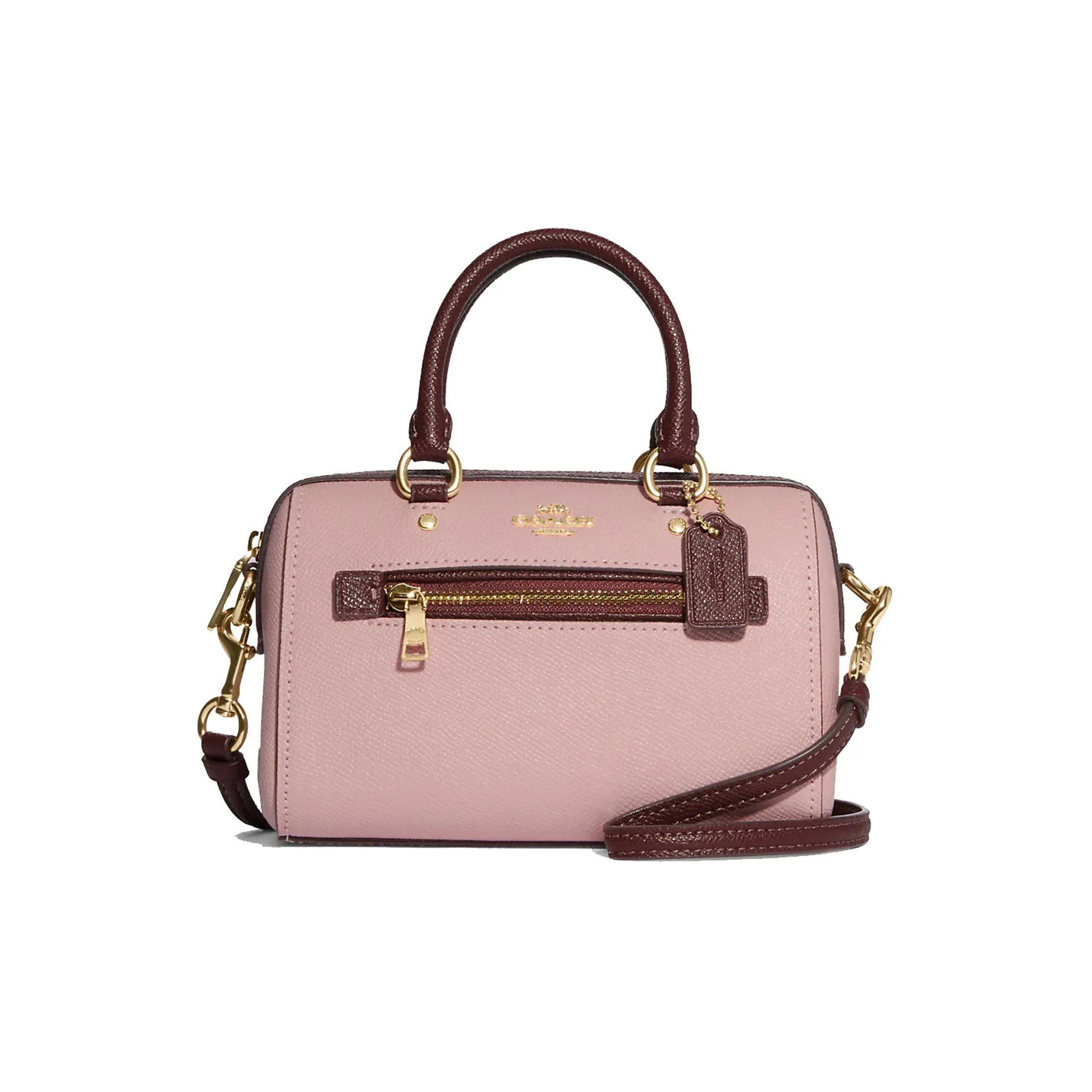 COACH Rowan Cross Stitch Leather Briefcase Shoulder Bag Crossbody Bag Handbag Mini Women's Pink & Burgundy