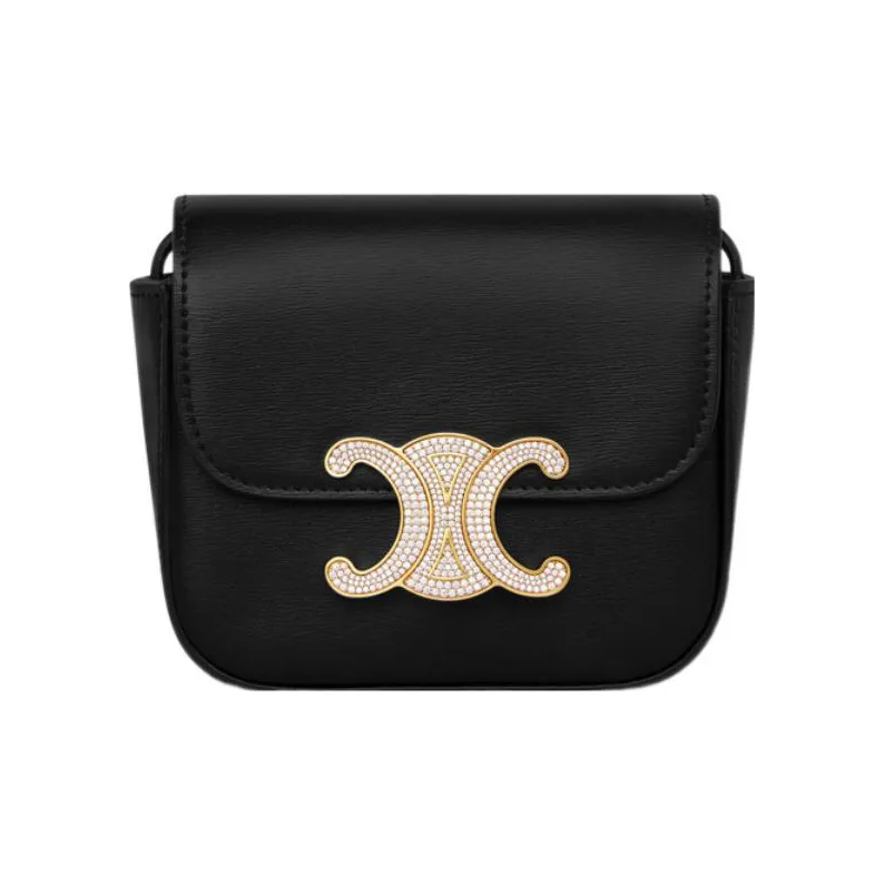 CELINE Triomphe Bright Calfskin Shoulder Bag, Crossbody Bag Mini Women's Black